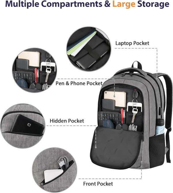 MATEIN Travel Laptop Backpack, 17 Inch Business Flight Approved Carry on Backpack, TSA Large Computer Bag for Men Women with USB Port and Trolley Sleeve, College School Tactical Book Bag, Grey - Image 8