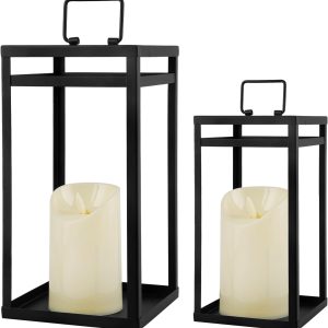 Modern Farmhouse Lantern Decor, 2Pcs Metal Candle Lanterns with Flameless Candles Black Decorative Lantern for Front Porch Covered Patio Dining Table Entryway Table Wedding Home Decor